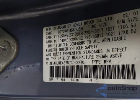 2007 Honda Cr-V Ex-L from USA, damaged, VIN JHLRE48757C063270